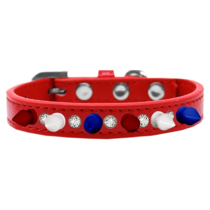 Crystal with Red, White and Blue Spikes Dog Collar Red Size 10