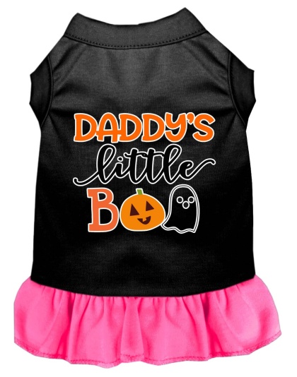 Daddy's Little Boo Screen Print Dog Dress Black with Bright Pink Lg