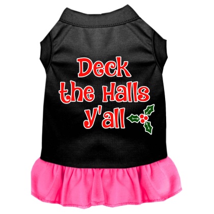 Deck the Halls Y'all Screen Print Dog Dress Black with Bright Pink Lg