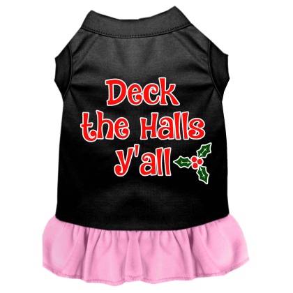 Deck the Halls Y'all Screen Print Dog Dress Black with Light Pink Lg