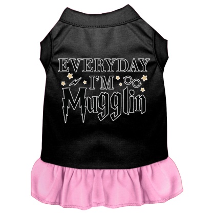 Everyday I'm Mugglin Screen Print Dog Dress Black with Light Pink Lg