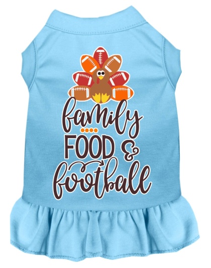 Family, Food, and Football Screen Print Dog Dress Baby Blue 4X
