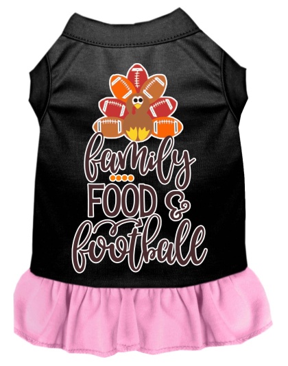 Family, Food, and Football Screen Print Dog Dress Black with Light Pink Lg