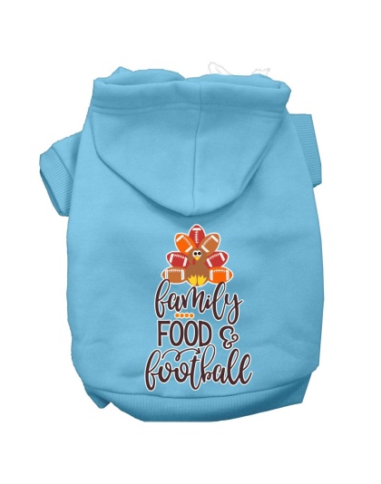 Family, Food, and Football Screen Print Dog Hoodie Baby Blue L