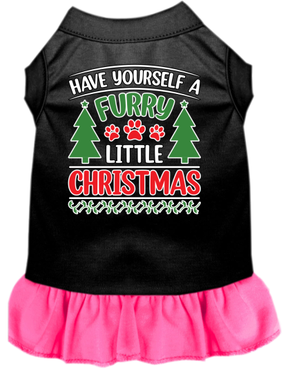 Furry Little Christmas Screen Print Dog Dress Black with Bright Pink Size XS