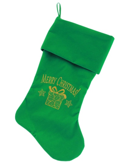 Golden Christmas Present Screen Print 18 inch Velvet Christmas Stocking Green