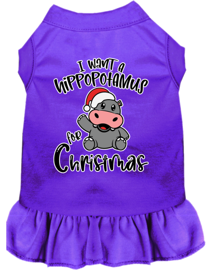 Hippo for Christmas Screen Print Dog Dress Purple Size XS