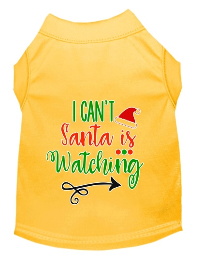 I Can't, Santa is Watching Screen Print Dog Shirt Yellow Lg