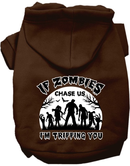 If Zombies Chase Us Screen Print Dog Hoodie Brown Size XS