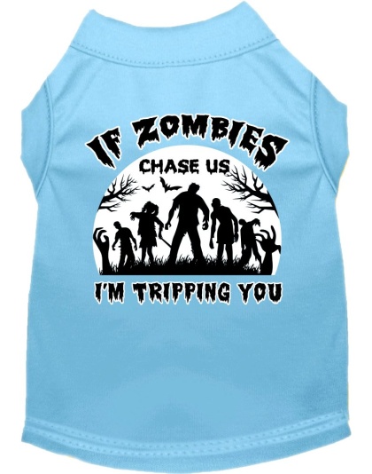 If Zombies Chase Us Screen Print Dog Shirt Baby Blue Size XS