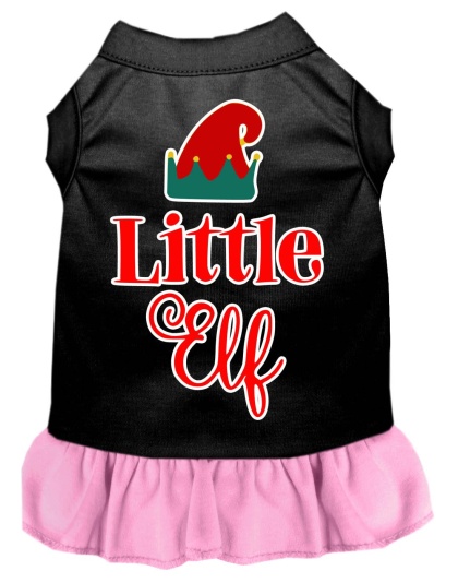 Little Elf Screen Print Dog Dress Black with Light Pink Lg