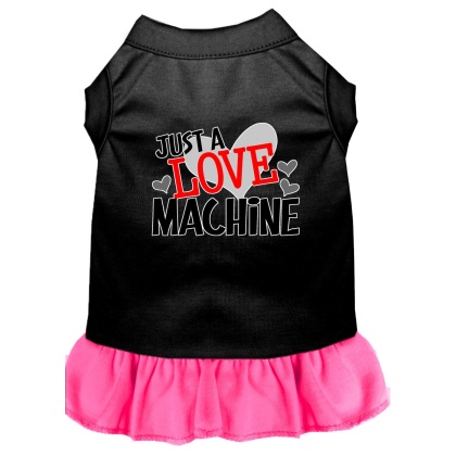 Love Machine Screen Print Dog Dress Black with Bright Pink Lg