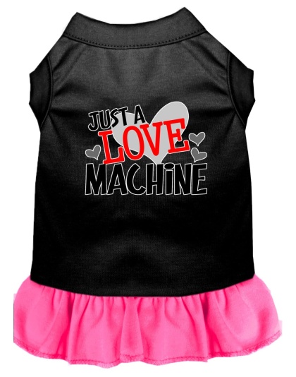 Love Machine Screen Print Dog Dress Black with Bright Pink Lg