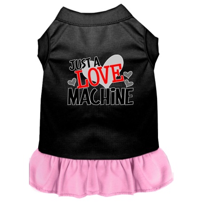 Love Machine Screen Print Dog Dress Black with Light Pink Lg