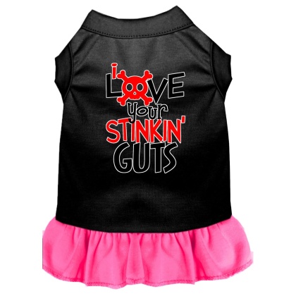 Love your Stinkin Guts Screen Print Dog Dress Black with Bright Pink Lg