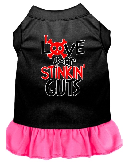 Love your Stinkin Guts Screen Print Dog Dress Black with Bright Pink Lg