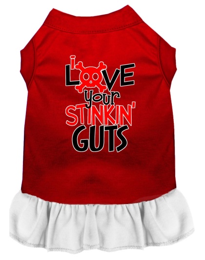 Love your Stinkin Guts Screen Print Dog Dress Red with White Lg