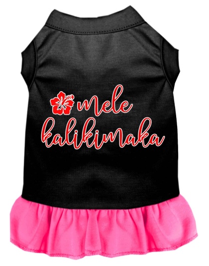 Mele Kalikimaka Screen Print Dog Dress Black with Bright Pink Lg