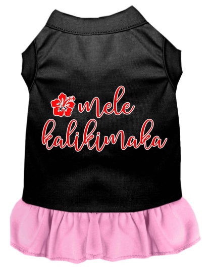 Mele Kalikimaka Screen Print Dog Dress Black with Light Pink Lg
