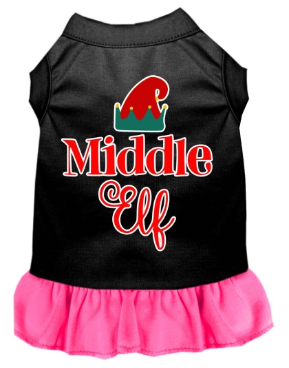 Middle Elf Screen Print Dog Dress Black with Bright Pink Lg