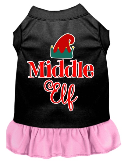 Middle Elf Screen Print Dog Dress Black with Light Pink Lg