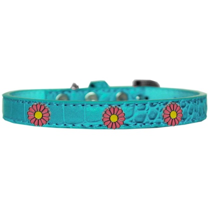 Pink Daisy Widget Croc Dog Collar Turquoise Size 10