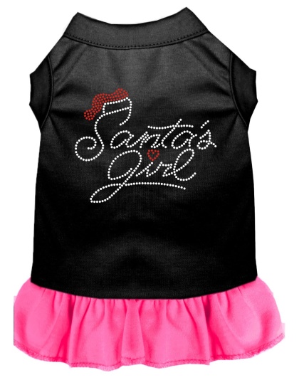 Santa's Girl Rhinestone Dog Dress Black with Bright Pink Lg