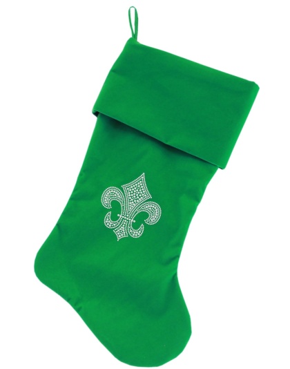 Silver Fleur De Lis Rhinestone 18 inch Velvet Christmas Stocking Green