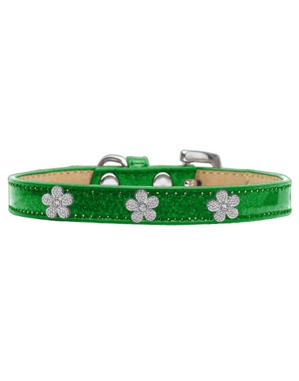 Silver Flower Widget Dog Collar Emerald Green Ice Cream Size 10