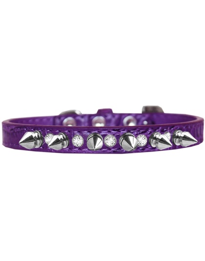 Silver Spike and Clear Jewel Croc Dog Collar Purple Size 10