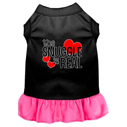 The Snuggle is Real Screen Print Dog Dress Black with Bright Pink Lg