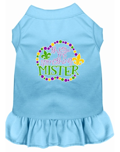 Throw me Something Screen Print Mardi Gras Dog Dress Baby Blue 4X