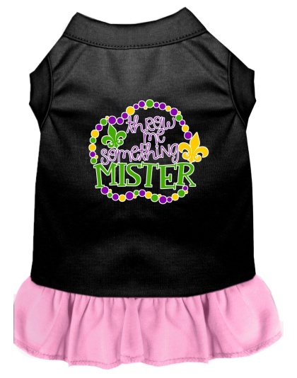 Throw me Something Screen Print Mardi Gras Dog Dress Black with Light Pink Lg