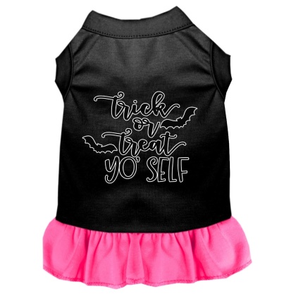 Trick or Treat Yo' Self Screen Print Dog Dress Black with Bright Pink Lg